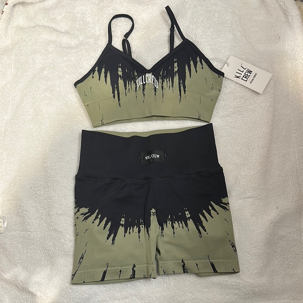 Kill Crew Olive Green and Black Sports Bra & Shorts Set
